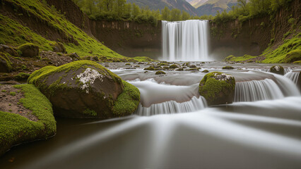 Beautiful waterfall in the mossy rainforest. The forest is full of green trees. AI generated.
