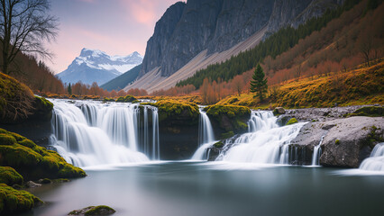 Beautiful waterfall in the forest during autumn season. The leaves start to turn yellow and red.AI generated.