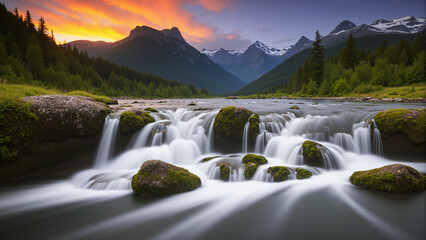 Beautiful waterfall in the forest. Twilight with sunlight.