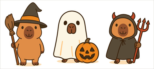 Set of cute capybara  characters on Halloween isolated on white background. Vector illustration.