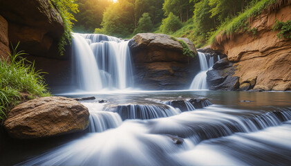 Beautiful waterfall in the forest. Twilight with sunlight.