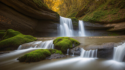 Beautiful waterfall in the forest. Twilight with sunlight.