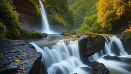Beautiful waterfall in the forest. Twilight with sunlight.