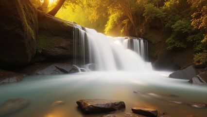Beautiful waterfall in the forest. Twilight with sunlight.