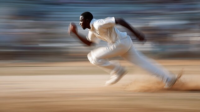 Bowler sprinting in full speed toward the crease dirt flying from shoes motion blur in limbs intense focus clear dramatic shadow across pitch 
