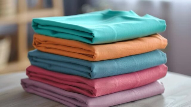 A stack of folded shirts sitting on a table, ready for use or storage