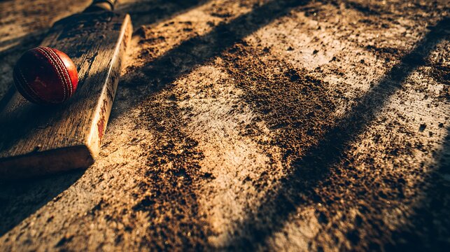 Close-up of a cricket bat resting on dusty pitch smeared red ball marks sunlight casting long shadows gritty texture warm tones anticipation before the game starts 