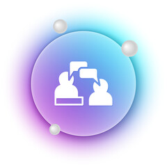 White Two sitting men talking icon isolated on white background. Speech bubble chat. Message icon. Communication or comment chat symbol. Blue and purple gradient circle background. Vector
