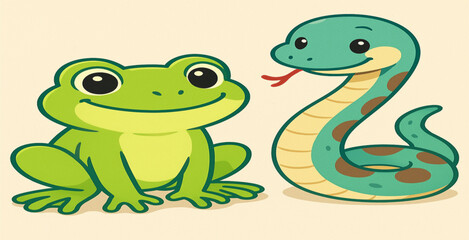 Flat Minimalist Frog and Snake Vector &ndash; Nature-Inspired Clean Animal Illustration
