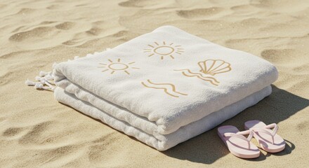 Beach towel and flip flops on sandy shore