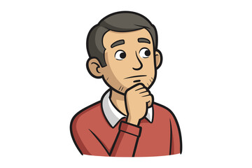 Cartoon man with dark hair and a red sweater thoughtfully resting his chin on his hand looking upwards with a pensive expression