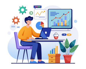 Fototapeta premium Man working on laptop with financial charts and graphs on screen