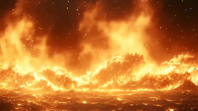 A raging firestorm engulfs a dry desert landscape