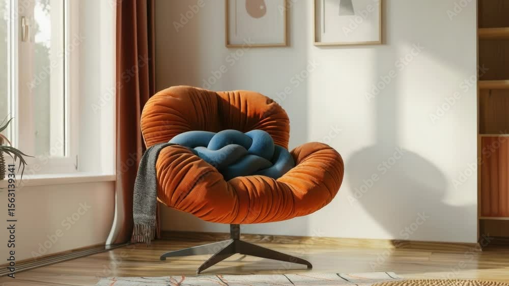 Poster a warm and inviting living room scene with a comfortable chair and bookshelf