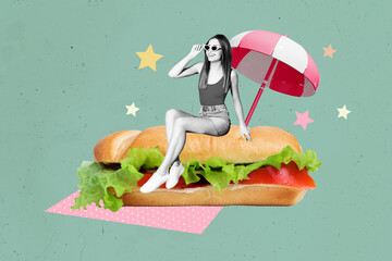 3D photo collage template artwork composite of young lady slim figure sit sandwich umbrella summer...