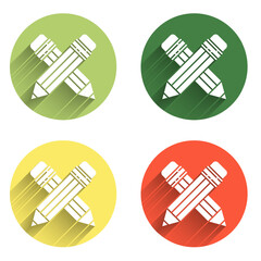 Set Crossed pencil with eraser icon isolated with long shadow background. Drawing and educational tools. School office symbol. Color circle button. Vector