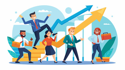 Diverse business team celebrating financial growth and success with upward trend arrows