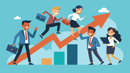 Diverse business team climbing upward on a rising arrow graph symbolizing success