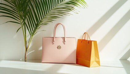 Two bags, light pink leather tote and orange shopping bag, rest on a white surface, beside a palm leaf. Sunlight casts shadows