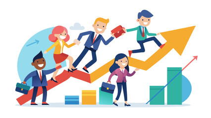 Diverse business team climbing upward arrow graph symbolizing success and growth
