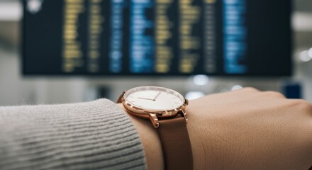 elegant wristwatch against departure board background