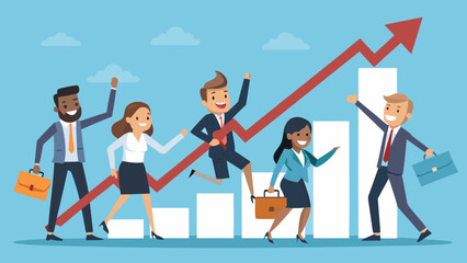 Diverse business team celebrates success with upward trending graph and charts