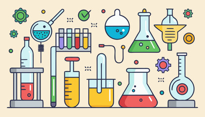 Colorful laboratory equipment and scientific instruments arranged in a flat design style
