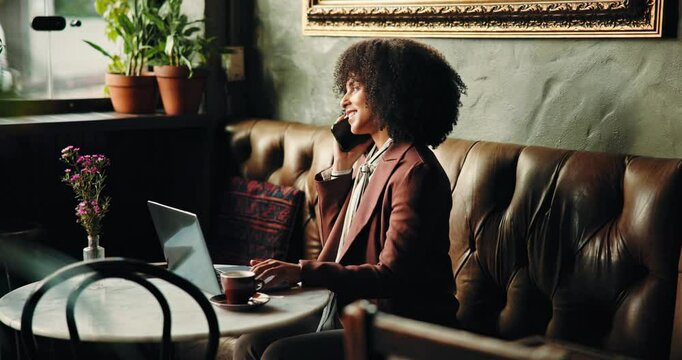 Remote work, phone call and communication with laptop in coffee shop for talking, online report and freelancing. Entrepreneur, woman and tech in cafe for business, startup proposal and web research