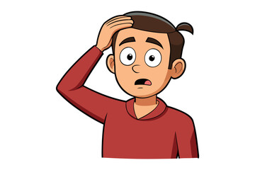 Cartoon boy with wide eyes and open mouth holding his head in disbelief or confusion