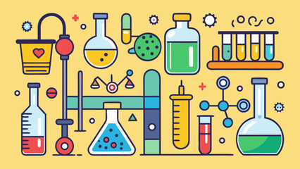 Colorful flat design illustration of various science laboratory equipment and chemistry symbols