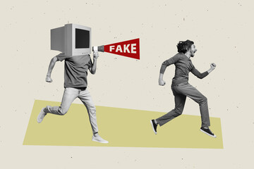 Template sketch image artwork collage of computer head body run hold megaphone man suffer fake...