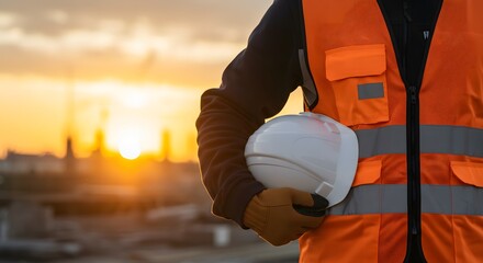 Worker Holding Helmet During Sunset at Construction Site