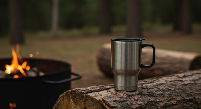 Stainless steel mug by campfire in forest setting - Powered by Adobe