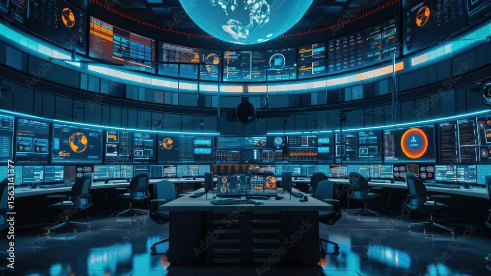Poster A modern control room with multiple computer monitors and workstations, ideal for corporate or technology settings