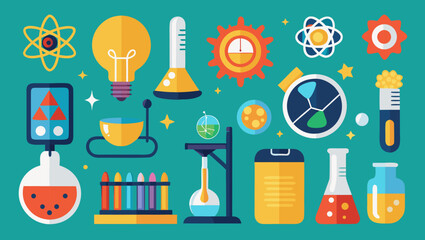 Collection of colorful flat design science and chemistry equipment icons on teal background