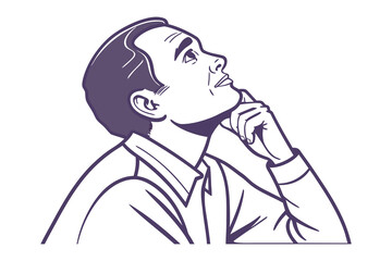 Thoughtful man in vintage style looking upward with finger on chin contemplating ideas and future possibilities