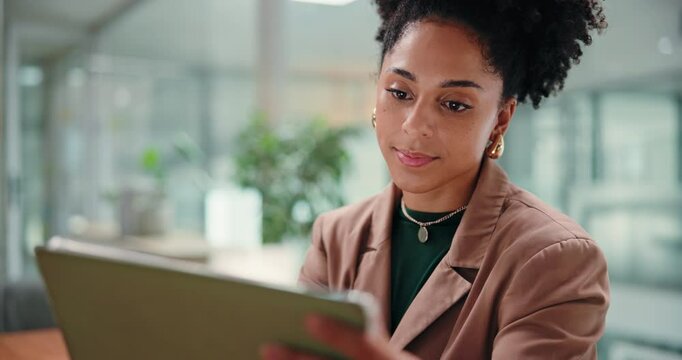Business, woman and reading on tablet in office for accounting, budget report and email agenda. Female person, digital and financial comparison, audit information and summary of investment management