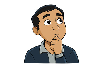 Cartoon man with dark hair and a blue suit thoughtfully resting his chin on his hand looking upwards with a pensive expression