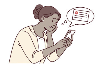 Worried woman looking at her smartphone screen thinking about online content with a play button symbol in a thought bubble