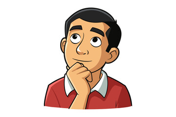 Cartoon illustration of a young man with dark hair wearing a red shirt thoughtfully resting his chin on his hand and looking upwards