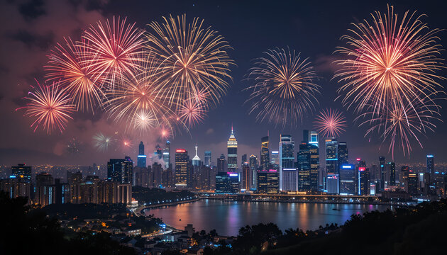 Brilliant fireworks illuminate a majestic city skyline at night, reflecting in the water, creating a festive and vibrant urban scene.