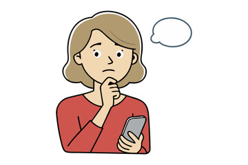 A confused woman holding a smartphone in her hand with a thought bubble above her head contemplating a decision