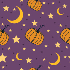 Cute Halloween pattern &ndash; pumpkins and stars on purple background