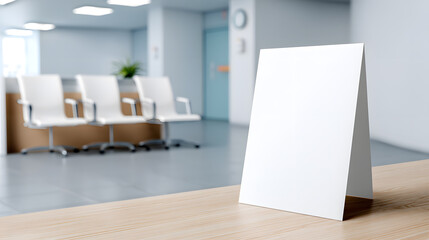 White waiting room with modern chairs and a large vertical white poster mockup near the entrance. This clean and minimal setting is ideal for showcasing healthcare branding or informational displays i