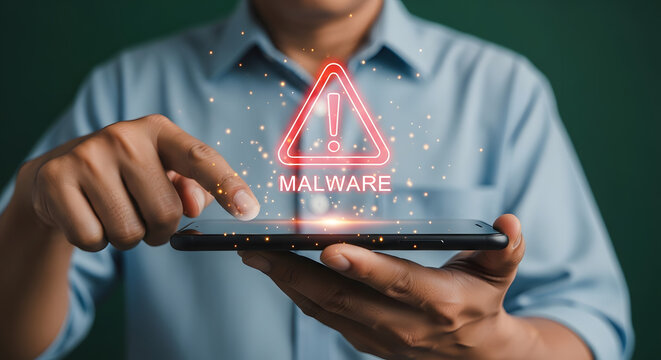 Man in blue shirt touching a smartphone screen displaying a red "MALWARE" warning with an exclamation triangle, symbolizing cyber threat alert.