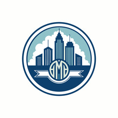 Minimalist skyline monogram badge with modern initials inside circular emblem, elegant city silhouette logo for branding and business identity.
