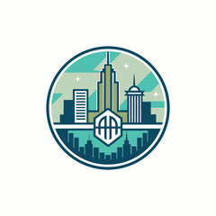 Minimalist skyline monogram badge with modern initials inside circular emblem, elegant city silhouette logo for branding and business identity.