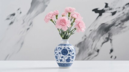 Obraz premium Blue and White Ceramic Vase with Pink Carnations Against a Marble Background