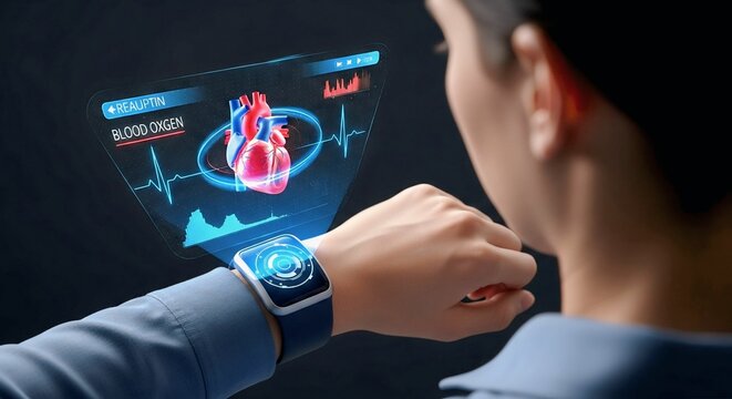 futuristic smartwatch projecting health data like blood oxygen levels and heart rate through augmented reality, highlighting the future of wearable health technology.
