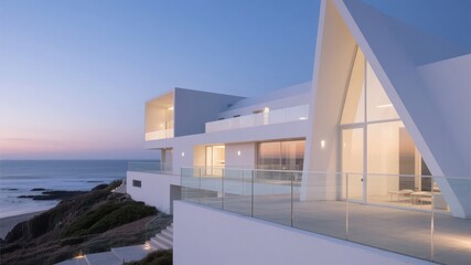 Fototapeta premium Modern coastal house with sleek white architecture and glass railings overlooking the ocean at dusk